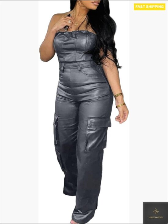 Pants - Sexy Off Shoulder PU Leather Jumpsuit Slim Fit Cargo Pants Bodysuit Y2K